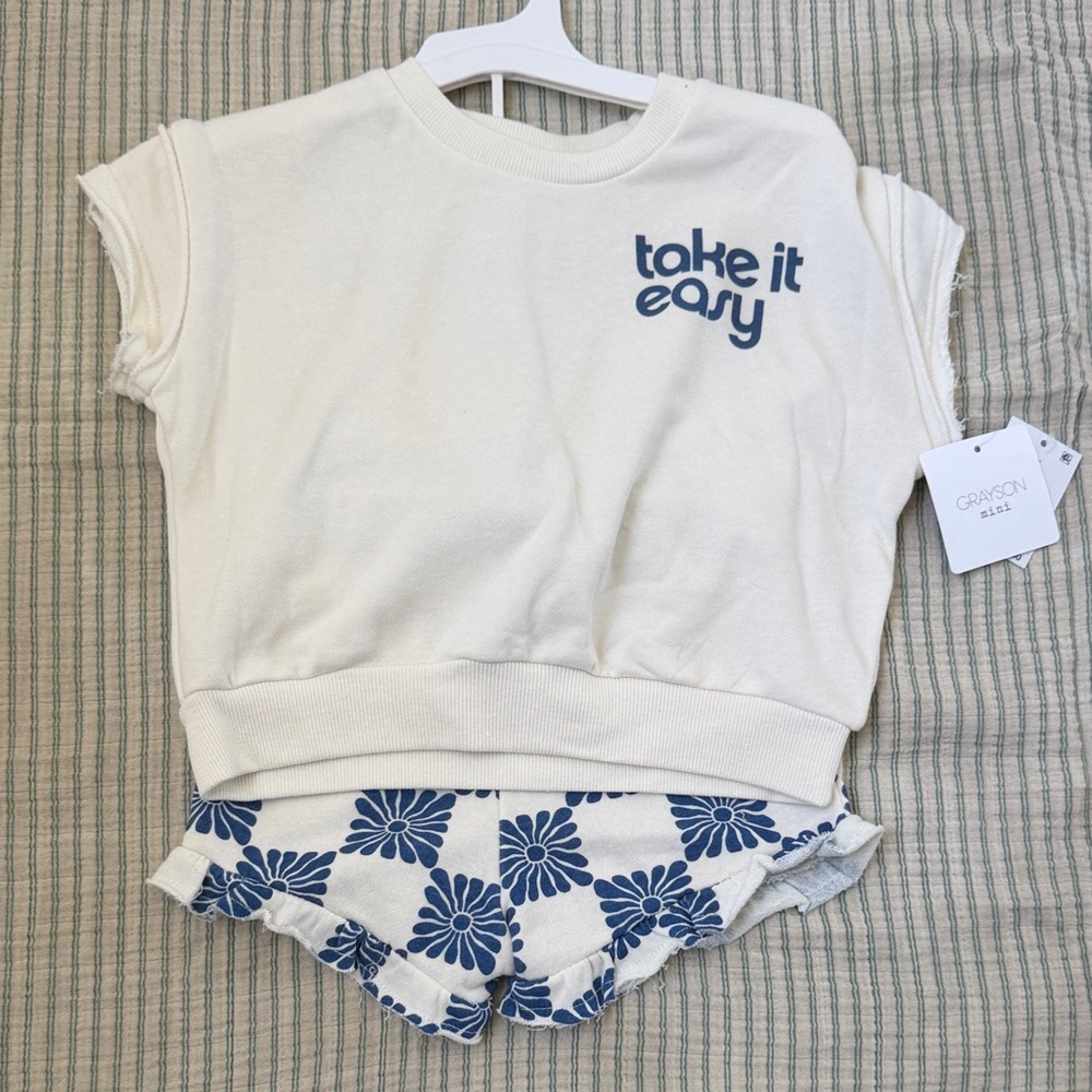 Grayson Mini Take It Easy Cream Crop Tee & Blue Floral Shorts Set — 18 months